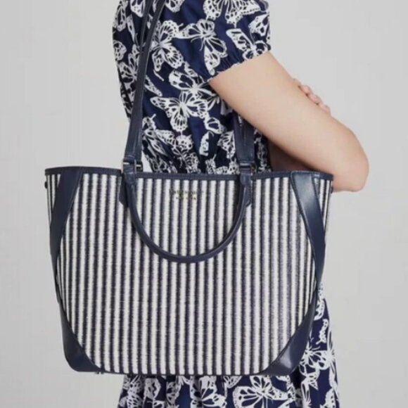 Kate Spade Buddie Striped Straw Small Tote with Zip Pouch - Blazer Blue Multi - Picture 1 of 5